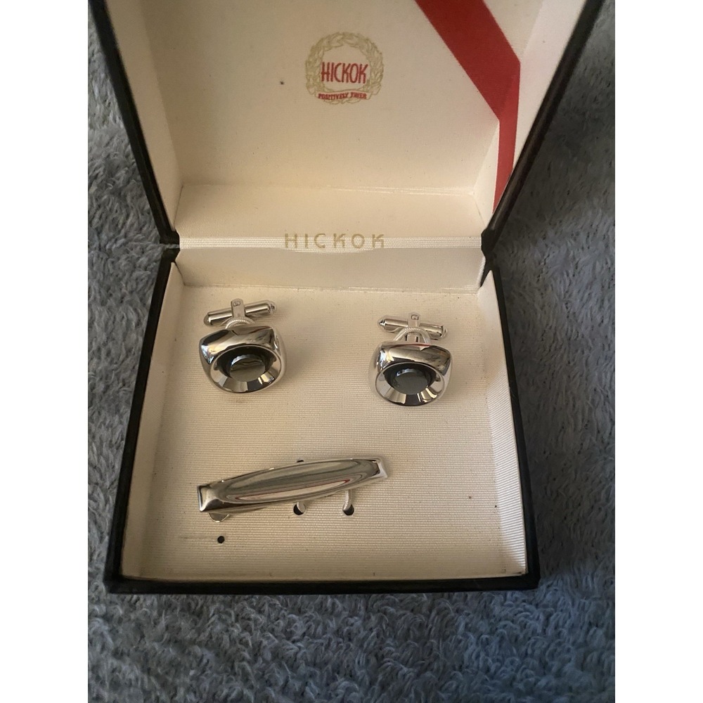 VTG Hickok MCM Classic Silver Tone Hematite Cufflinks And Tie Pin In Box Wedding